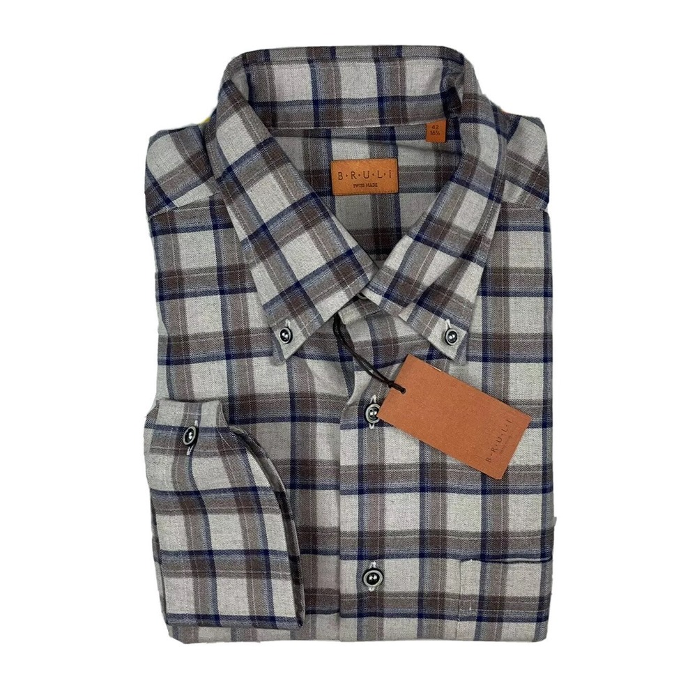 BRULI Brown Blue Cotton Checked Flannel‎ Size Mens 16.5/42 NWT